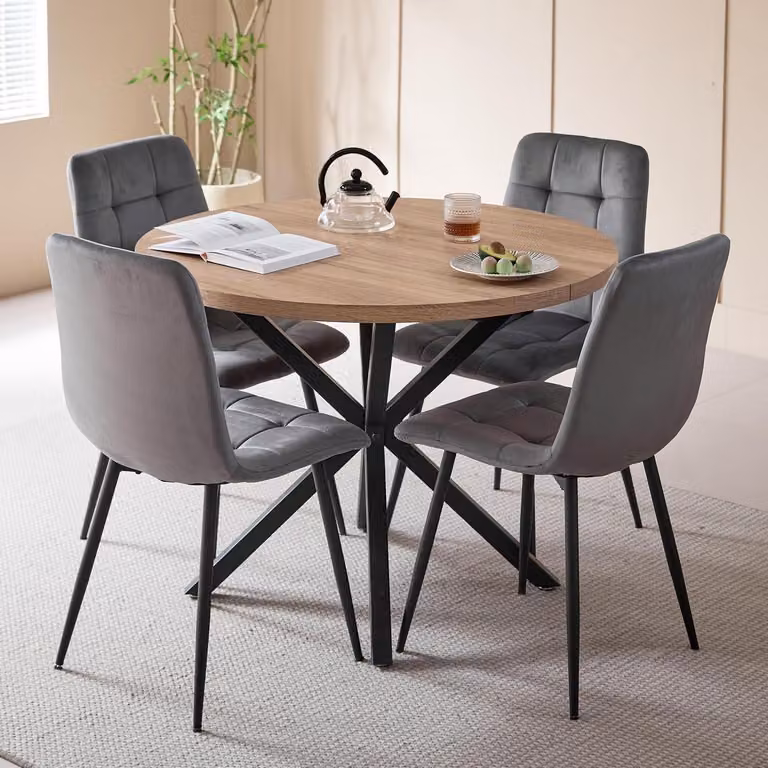 Set tavolo e sedie: 4 sedie in velluto, tavolo rotondo da 100 cm, finitura in legno scuro, colore grigio scuro
