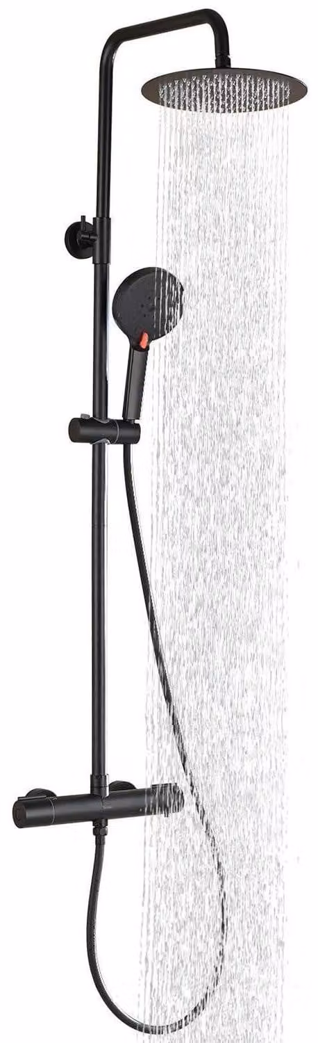 Set doccia termostatico nero, 25 cm, soffione a pioggia, 3 getti, altezza regolabile, acciaio inossidabile, limitatore di temperatura a 38°C, sistema di sicurezza per bambini, set completo