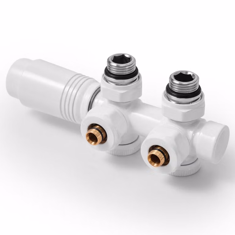 S'AFIELINA Set di raccordi per radiatori Set multiblock per radiatori 15mm/16mm, bianco, ottone, filettatura G 1/2", per montaggio ad angolo e forma diritta