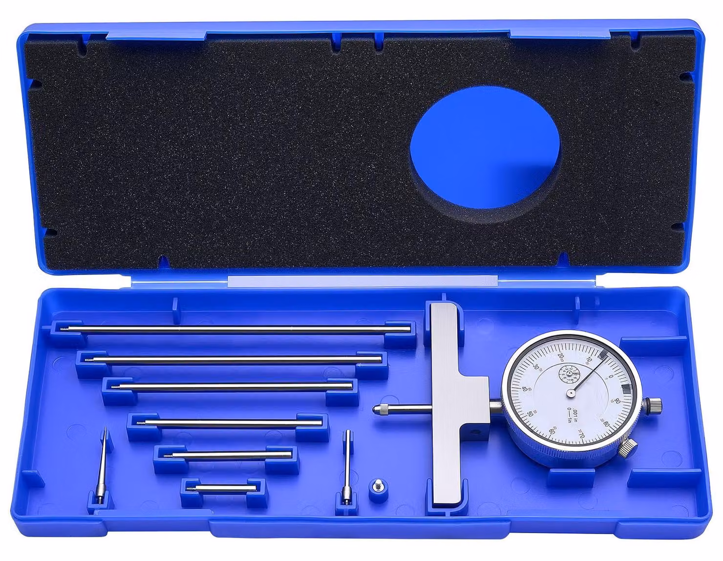 Misuratore di profondità - Calibro di profondità meccanico - Campo di misura 0–55,9 cm - Risoluzione 0,025 mm - 4 incudini - 6 aste di misura - Per scanalature, gradini e fori - Facile da leggere