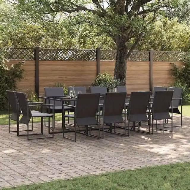 Set da pranzo per giardino e terrazzo vidaXL in acciaio verniciato nero e vetro, 13 pezzi