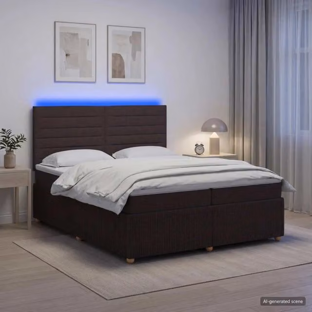 Letto Box Spring vidaXL con Materasso Ibrido e Illuminazione LED sotto il letto, Marrone e Bianco, 200 x 200 cm
