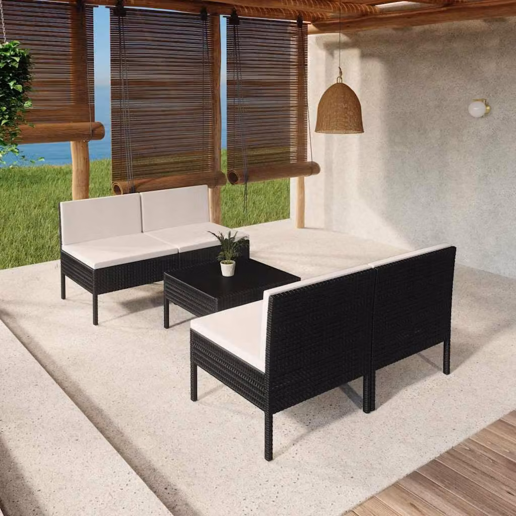 Set da giardino moderno vidaXL composto da divano a L, due divani a 2 posti e tavolino da caffè in rattan nero con cuscini bianchi e struttura in acciaio verniciato a polvere