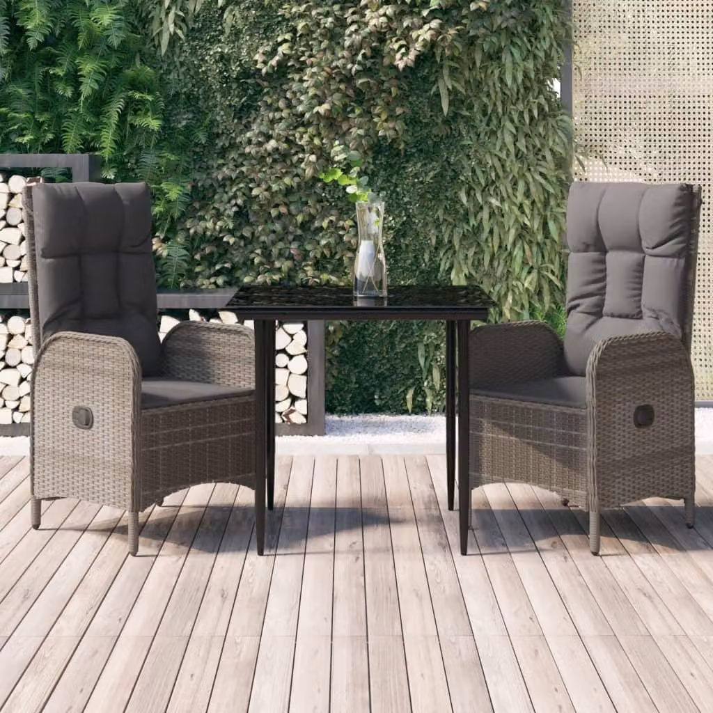 set da pranzo da giardino 3 pezzi con cuscini in poly rattan nero e grigio
