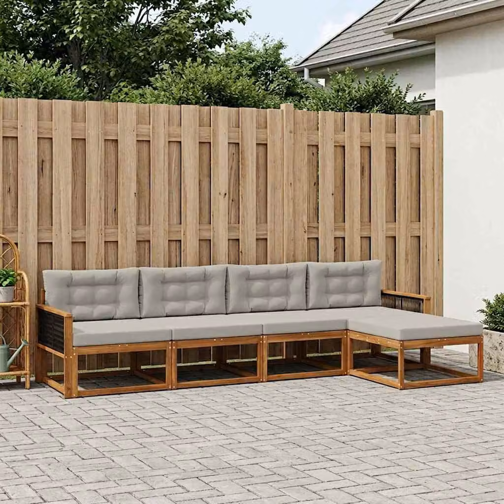 vidaXL Set di divani da esterno 5 pz in legno di acacia con cuscini, colore marrone e grigio chiaro