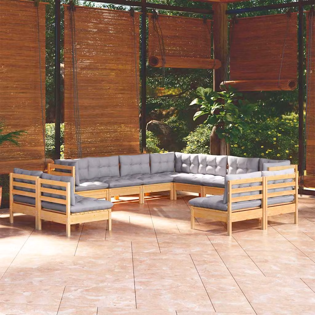 vidaXL Set Divani da Giardino 11 pz a forma di U in Legno Massello di Pino con Cuscini Grigi