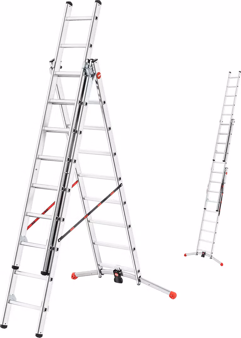 Scala Hailo HobbyLOT, scala combinata in alluminio in 3 parti, 3 x 9 pioli, sistema a piombo