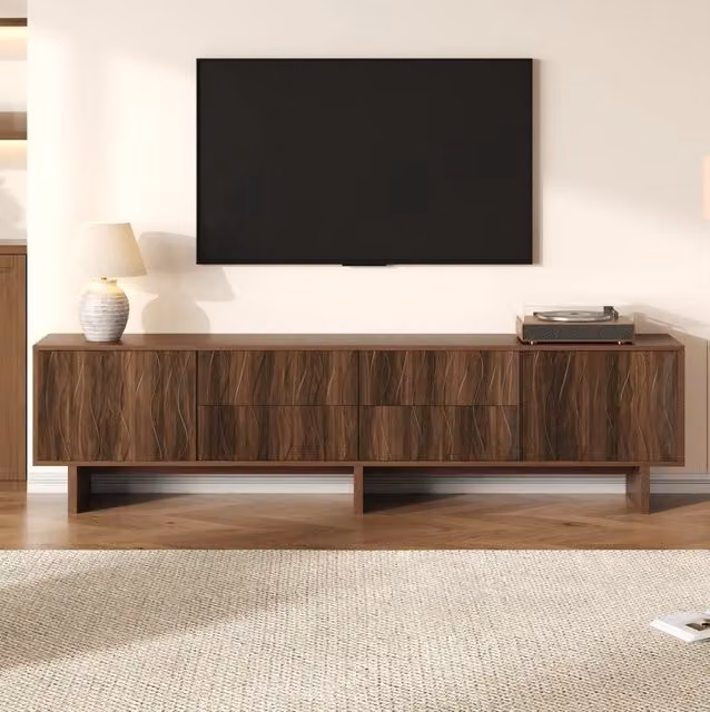 Mobile TV ondulato in truciolare; 4 cassetti e 2 ante; 180 × 40 × 56 cm; per TV fino a 75; color noce