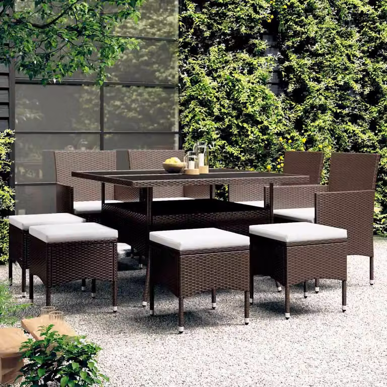 Set da pranzo da giardino vidaXL in polyrattan marrone e bianco con tavolo in vetro, 9 pezzi