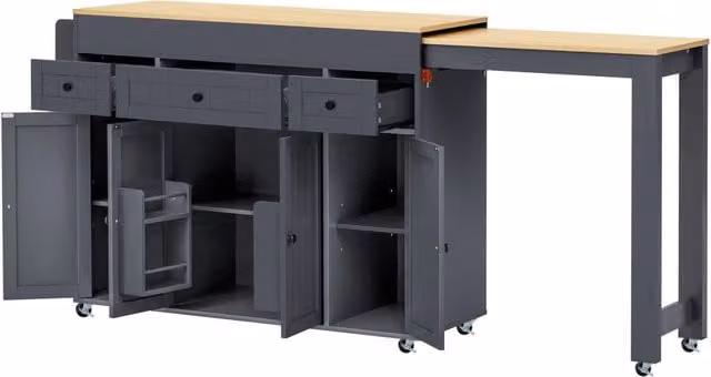 Mobile cucina moderno Chicfurn grigio con piano estraibile, 3 cassetti, ripiani regolabili e ruote bloccabili, L: 137-190.6 cm, P: 45.2 cm, H: 92 cm