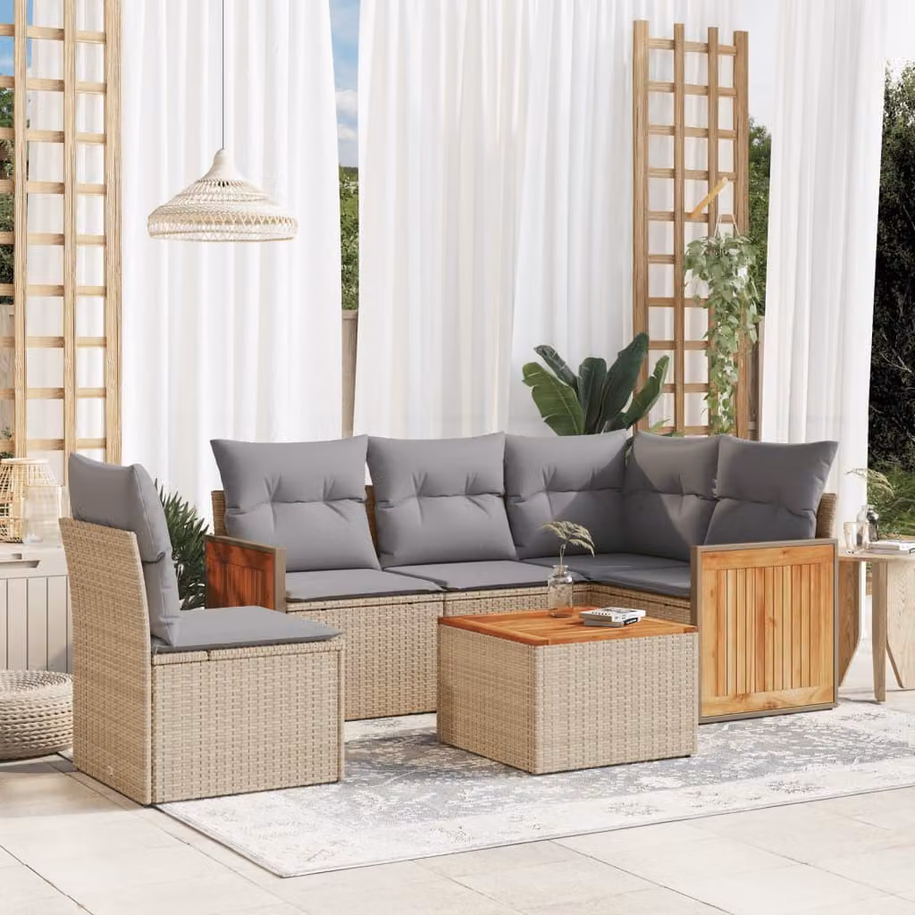 Set Divano da Giardino vidaXL 6 pz a Forma a L con Polyrattan e Cuscini Beige e Grigio – 1