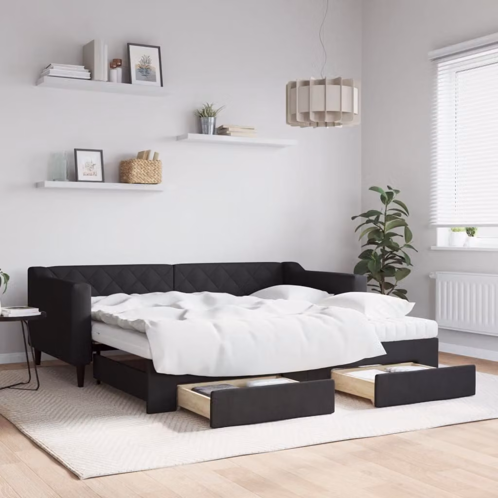 vidaXL Divano Letto Estraibile con Cassetti in Tessuto Nero L/P/H: 90 x 190 cm