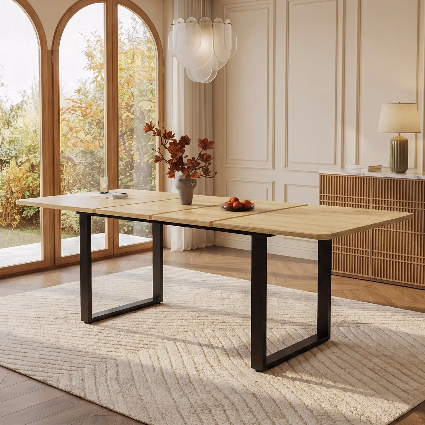 Tavolo allungabile con gambe in metallo, tavolo da pranzo, disponibile in 3 lunghezze: 140/180/220 cm x 80 cm, adatto per 6-10 persone, ideale per sala da pranzo o cucina, finitura in legno naturale