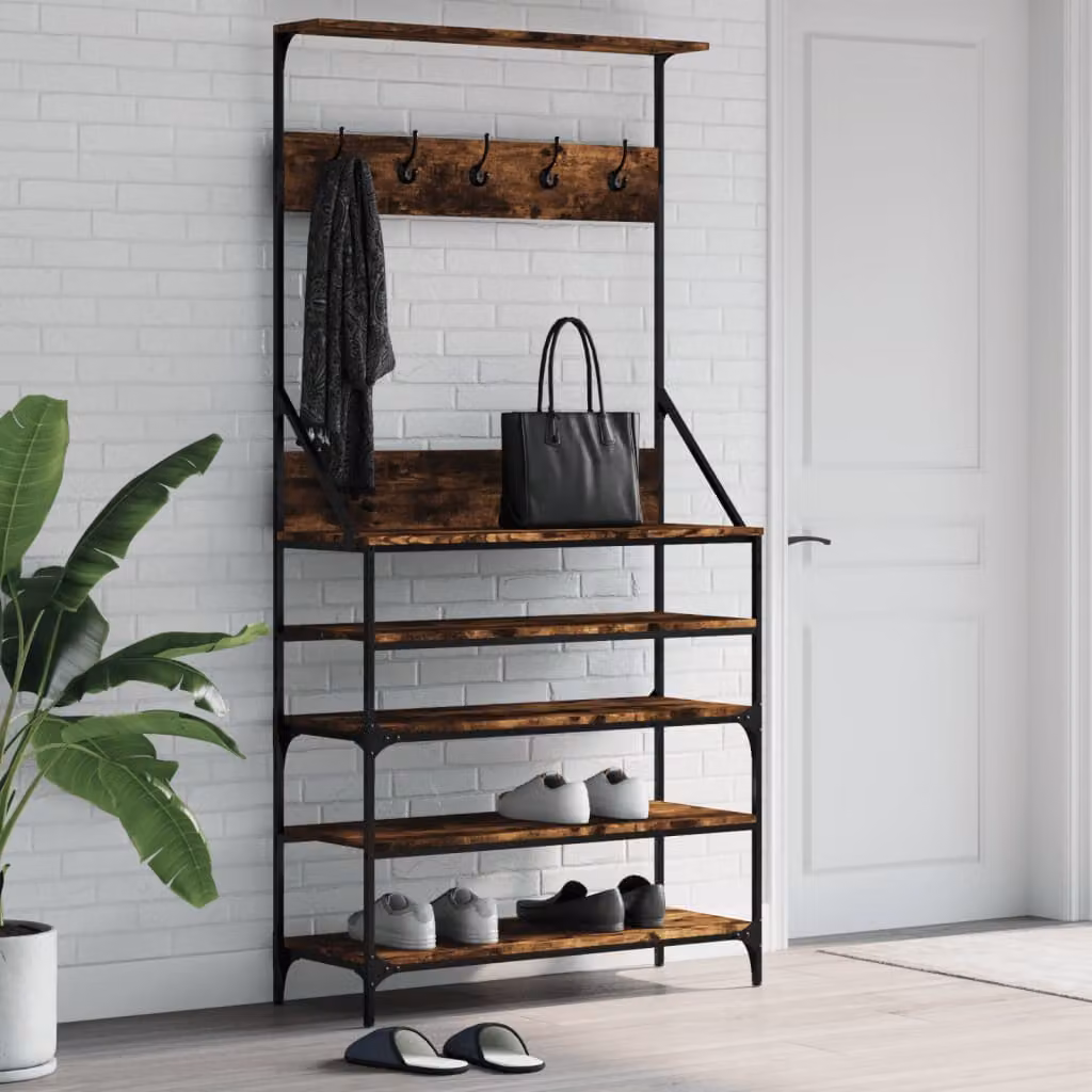 vidaXL Appendiabiti con Porta Scarpe in Rovere Fumo, L 90 cm x P 34 cm x H 184 cm