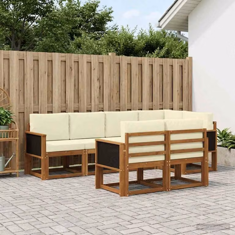 Set di divani da esterno vidaXL 7 pz a forma di L in legno di acacia con cuscini beige e crema