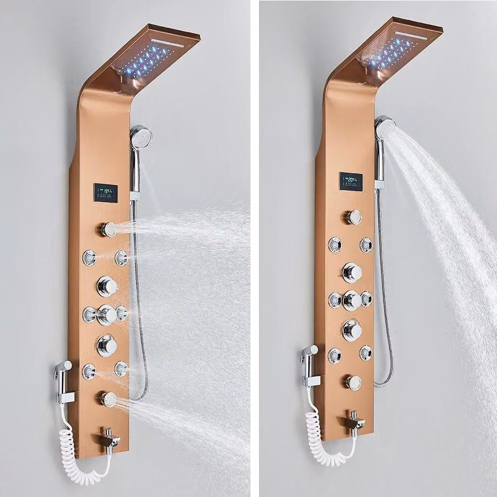 Pannello doccia LED con display LCD – design color oro rosa, 6 modalità d'acqua, colonna doccia con effetto pioggia e cascata