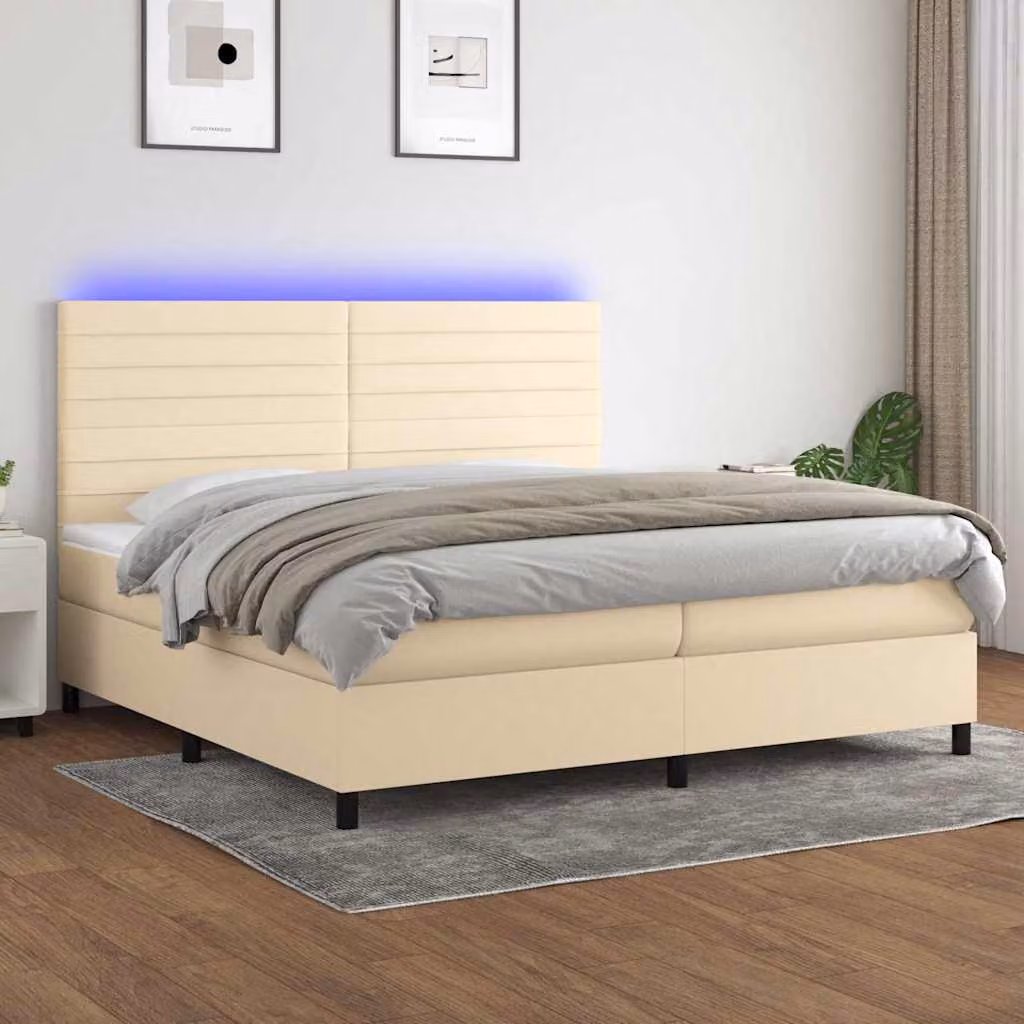 Letto a molle con materasso vidaXL in tessuto bianco e beige con illuminazione LED e porta USB L/P/H: 200 x 200 x 128 cm – 1