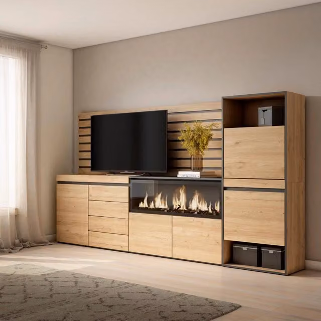 Credenza con Camino Elettrico XXL e Cassettiera SKRAUT HOME, Colore Rovere, L: 274 cm, P: 35 cm, H: 145 cm