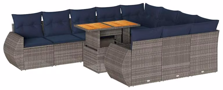 Set da salotto da esterno composto da 11 pezzi, grigio, in rattan sintetico, con cuscini