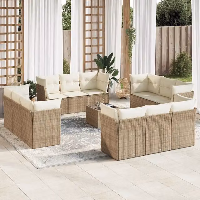Set Divano da Giardino vidaXL a forma a U in Polyrattan con 13 pezzi, Cuscini Beige e Tavolino da Esterno