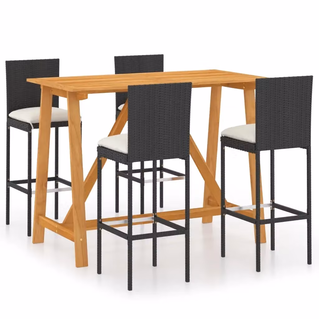 Set da Bar da Giardino vidaXL in Polyrattan e Legno di Acacia con Cuscini, 5 Pezzi, Nero e Beige – 2