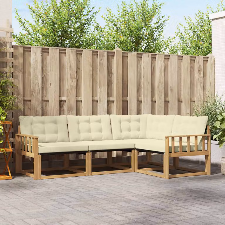 Set di divani da esterno vidaXL a forma di L in legno di acacia con cuscini, Bianco e Crema