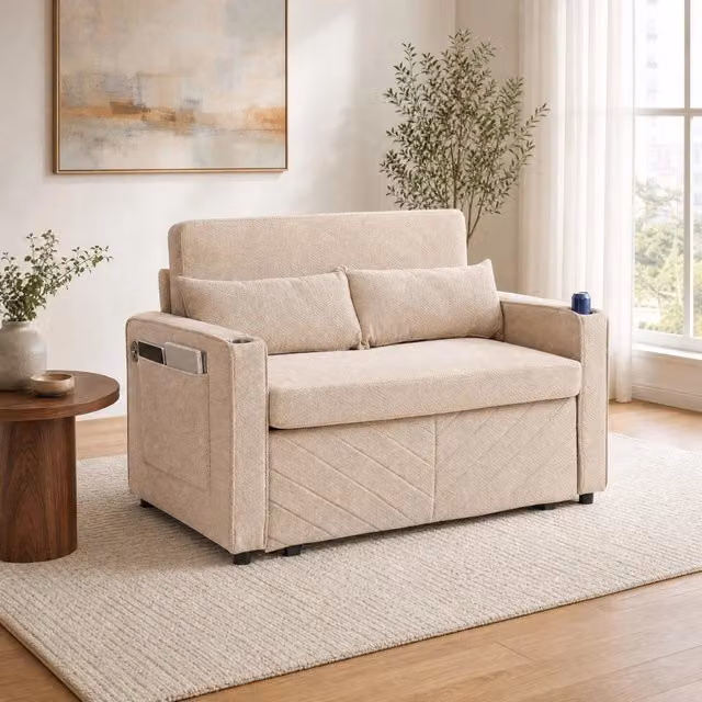 Divano letto scorrevole MIVRAY in tessuto beige con struttura in legno e porte USB integrate per soggiorno o ufficio