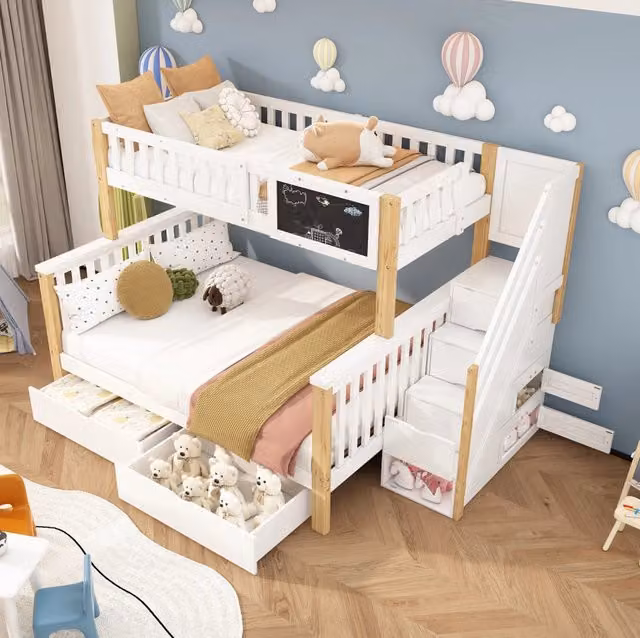 Letto a castello per bambini in legno massello di pino bianco e quercia chiara, con lavagna e cassetti, 90x200 + 140x200 cm, senza materassi