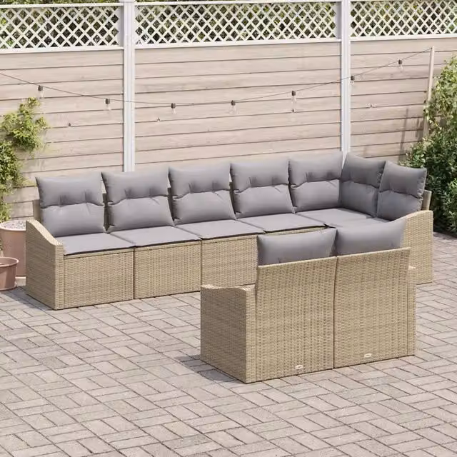 vidaXL Set Divano da Giardino a L in Polyrattan con Cuscini, 8 Pezzi, Beige e Grigio