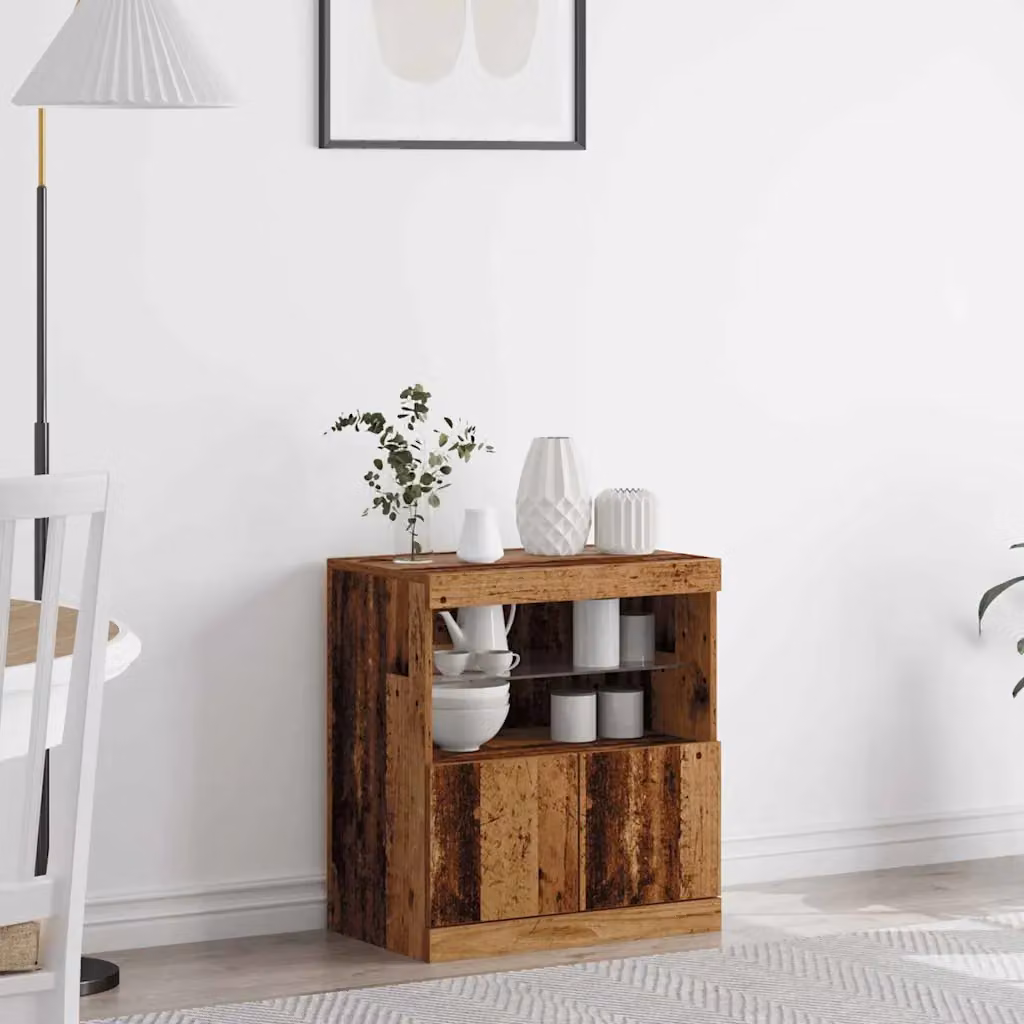 Madia moderna vidaXL con illuminazione LED in legno e vetro, colore marrone, L: 60,5 cm, P: 37 cm, H: 67 cm