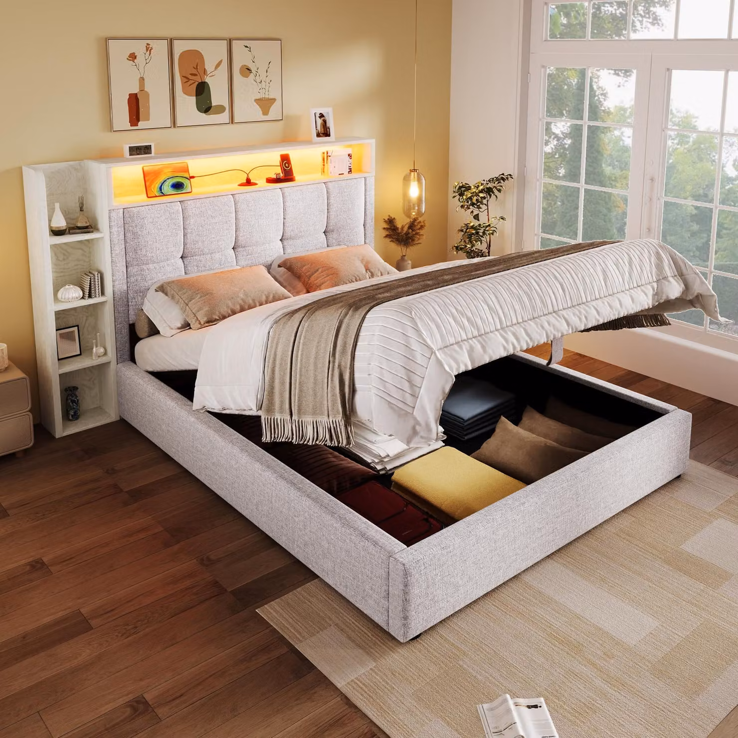 MODFU letto imbottito 90x200 con materasso, struttura letto giovanile con striscia luminosa a LED e connessione USB/Tipo-C