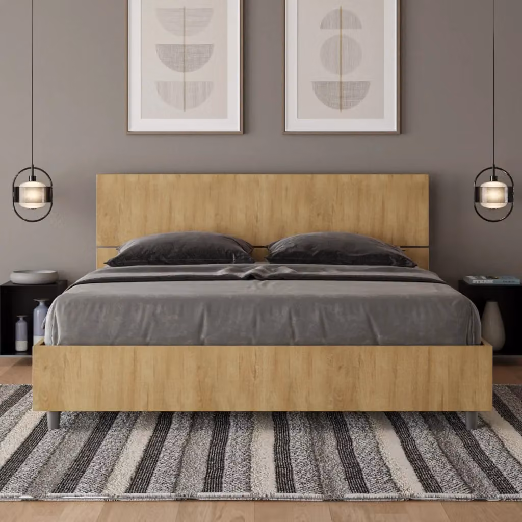 Letto Matrimoniale Demas con Contenitore ad Alzata e Testata Dritta, Colore Quercia – 2