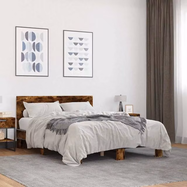 Letto Giroletto vidaXL in Rovere Fumo e Metallo, L: 138 cm, P: 194,5 cm, H: 30 cm