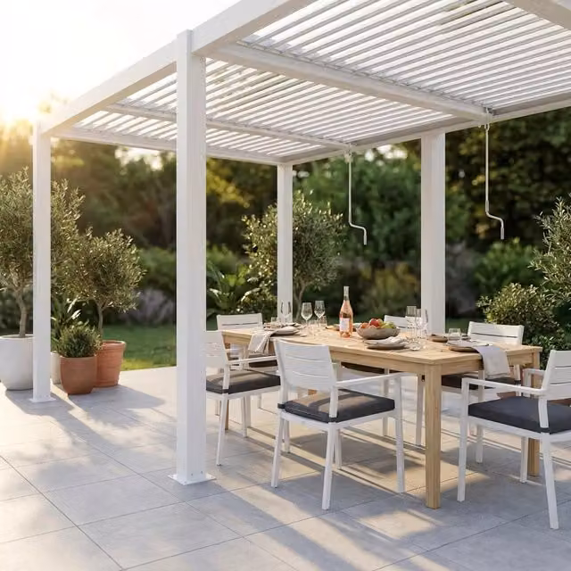 Pergola bioclimatica moderna TONY in alluminio e legno di colore bianco con tetto piatto