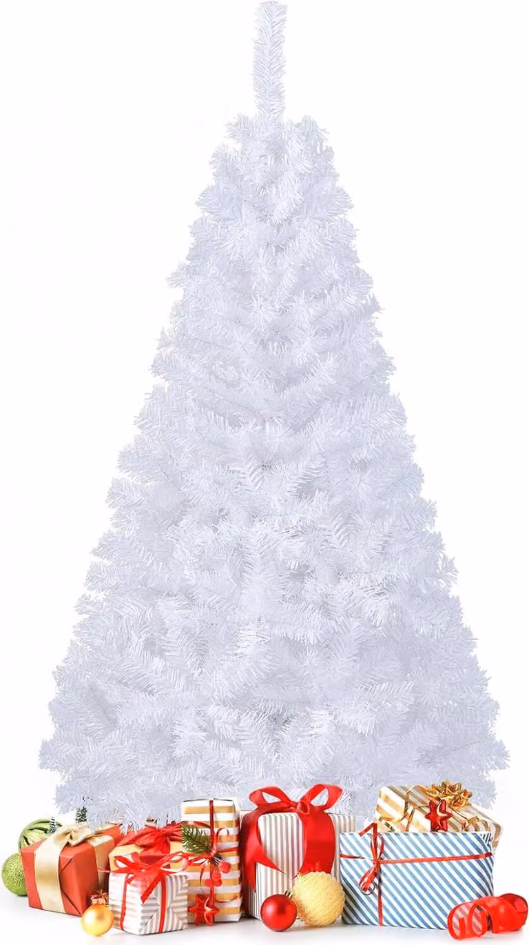 Albero di Natale artificiale GOPLUS da 150 cm, abete bianco con supporto in metallo, decorazione natalizia festosa per interni, facile da montare e riporre, bianco