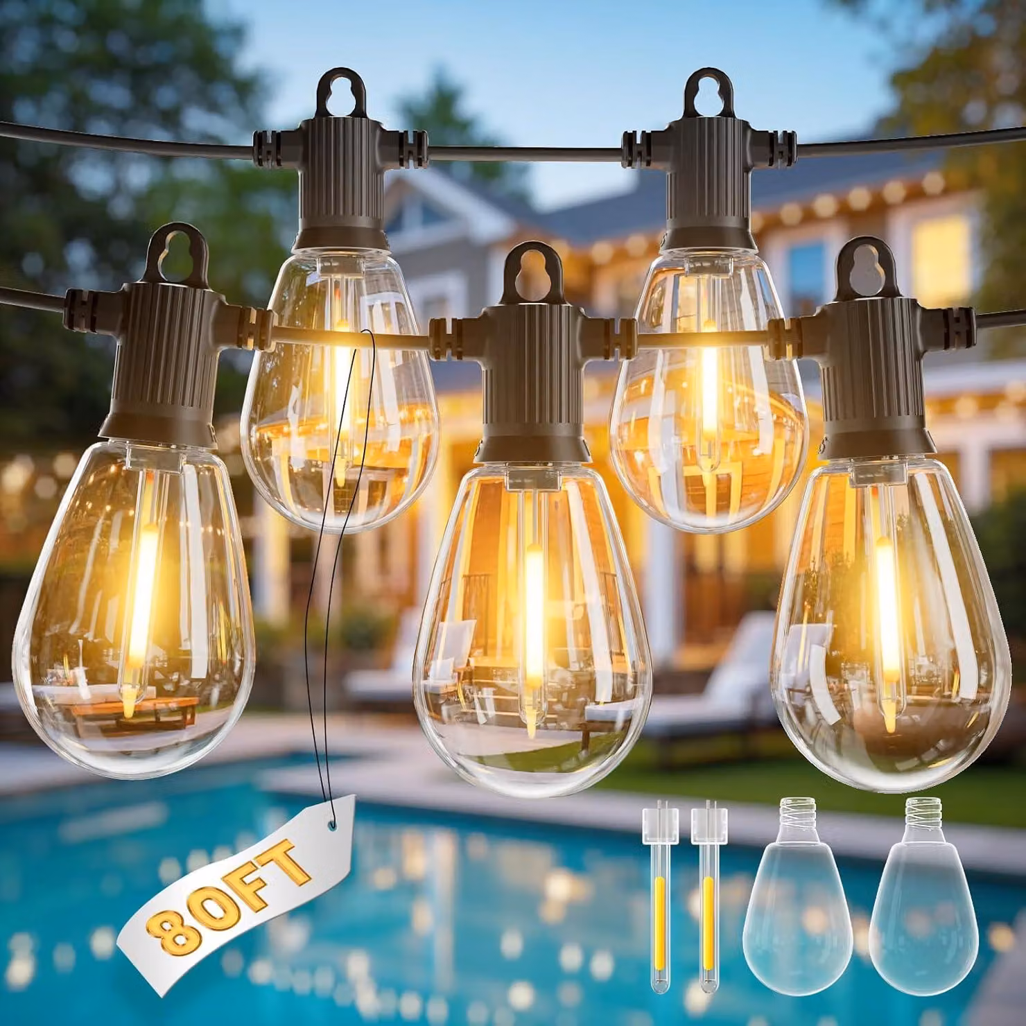 Catena luminosa per esterni, lunghezza 24 metri, grado di protezione IP65 (resistente all'acqua), 25 lampadine resistenti agli urti, ideale per il giardino