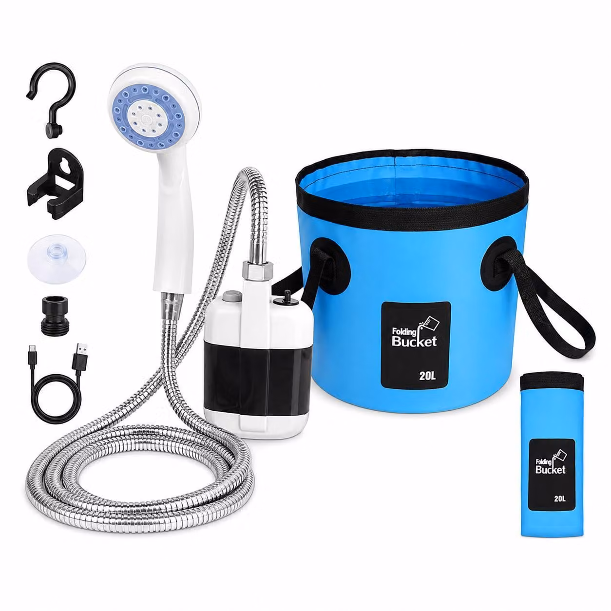 Doccia portatile ricaricabile per campeggio con secchio da 20 litri, doccia da giardino con tubo da 1,5 metri e secchio pieghevole da 20 litri – AQUAPORT