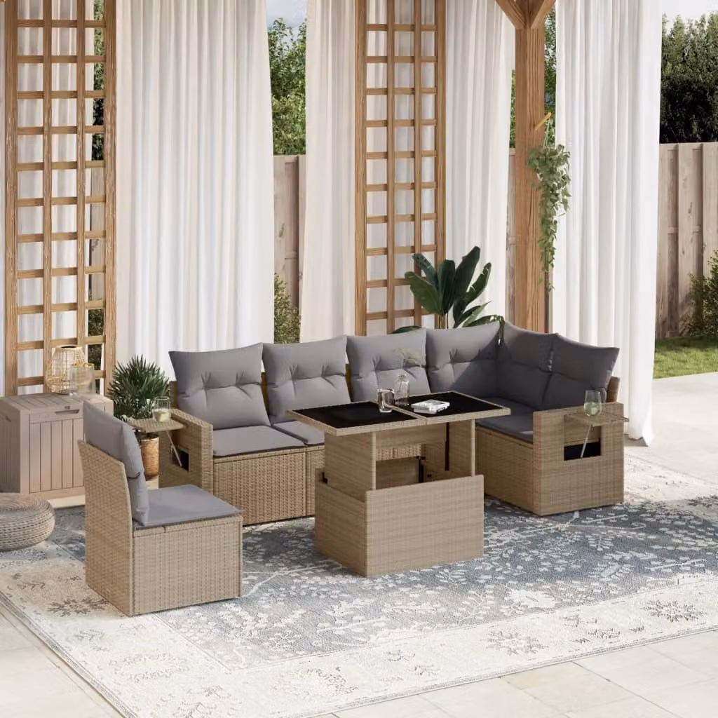 vidaXL Set Divani da Giardino 7 pz a Forma a L con Cuscini Beige e Grigio in Polyrattan e Metallo – 1