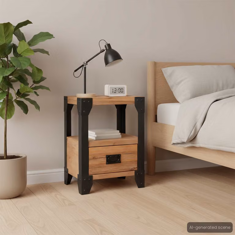 Comodino in legno di acacia e acciaio stile industrial vidaXL, marrone e nero, L 40 cm x P 30 cm x H 54 cm