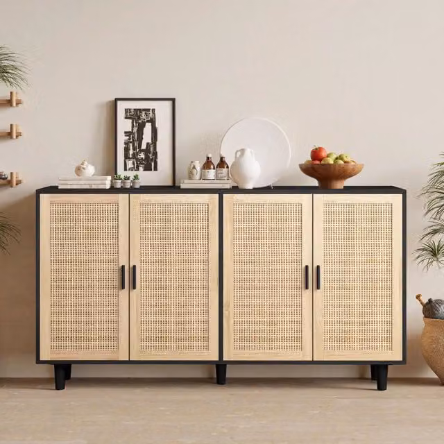 Armadio decorativo in rattan 4 ante - Zephmum - 158 cm - Nero - Elegante e funzionale per camera, soggiorno, ufficio