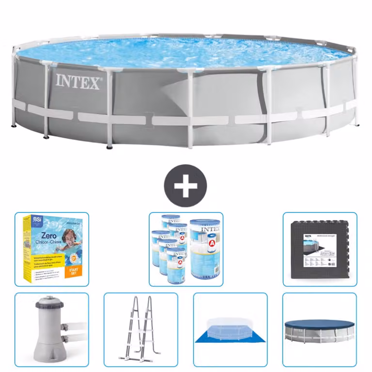 Piscina Intex Round Prism Frame - 457 x 107 cm - Grigio - inclusa pompa - scaletta - telo di fondo - pacchetto di manutenzione della copertura - filtro - piastrelle per il pavimento