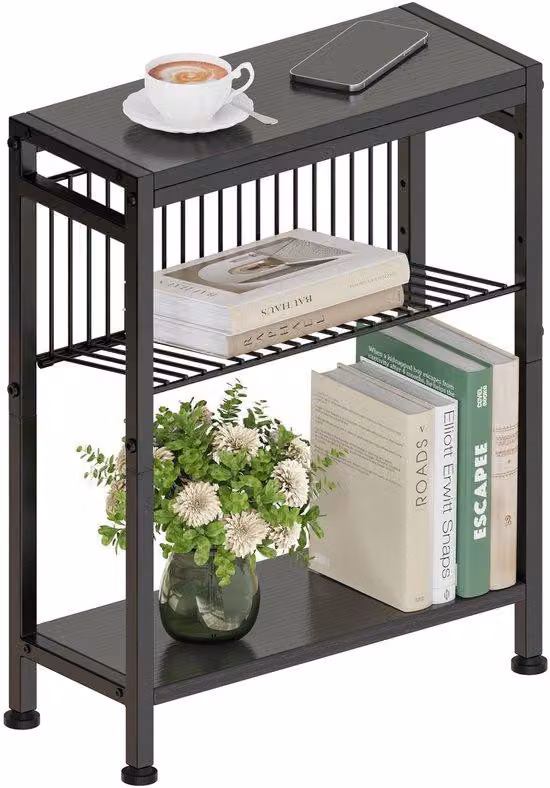 Ibenzoa® Tavolino laterale in metallo sottile (18 x 43 x 56,5 cm) – 3 ripiani (incluso portariviste a forma di L), struttura resistente alla ruggine, piedini regolabili