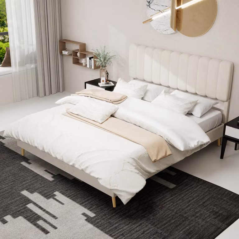MODFU letto imbottito 160x200 multifunzionale per la camera da letto con testata morbida, letto matrimoniale con tessuto in velluto olandese e facile installazione, senza materasso, beige