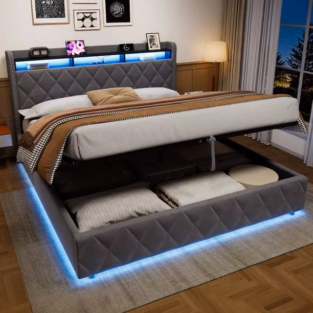 Letto imbottito 180x200 cm grigio scuro in velluto con contenitore, LED e porte USB