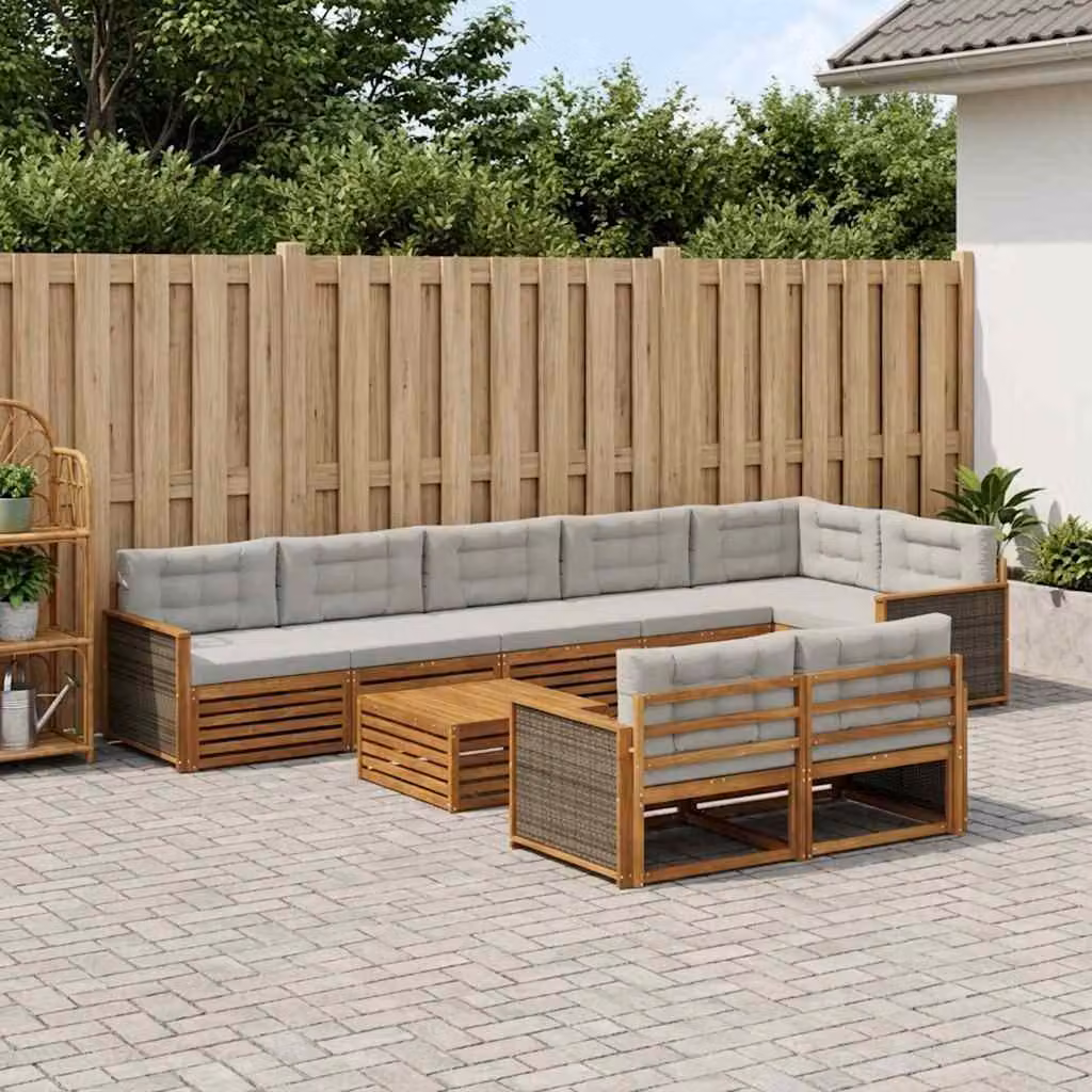 Set di divani da esterno vidaXL a forma di L in legno di acacia con 9 pezzi, beige e grigio