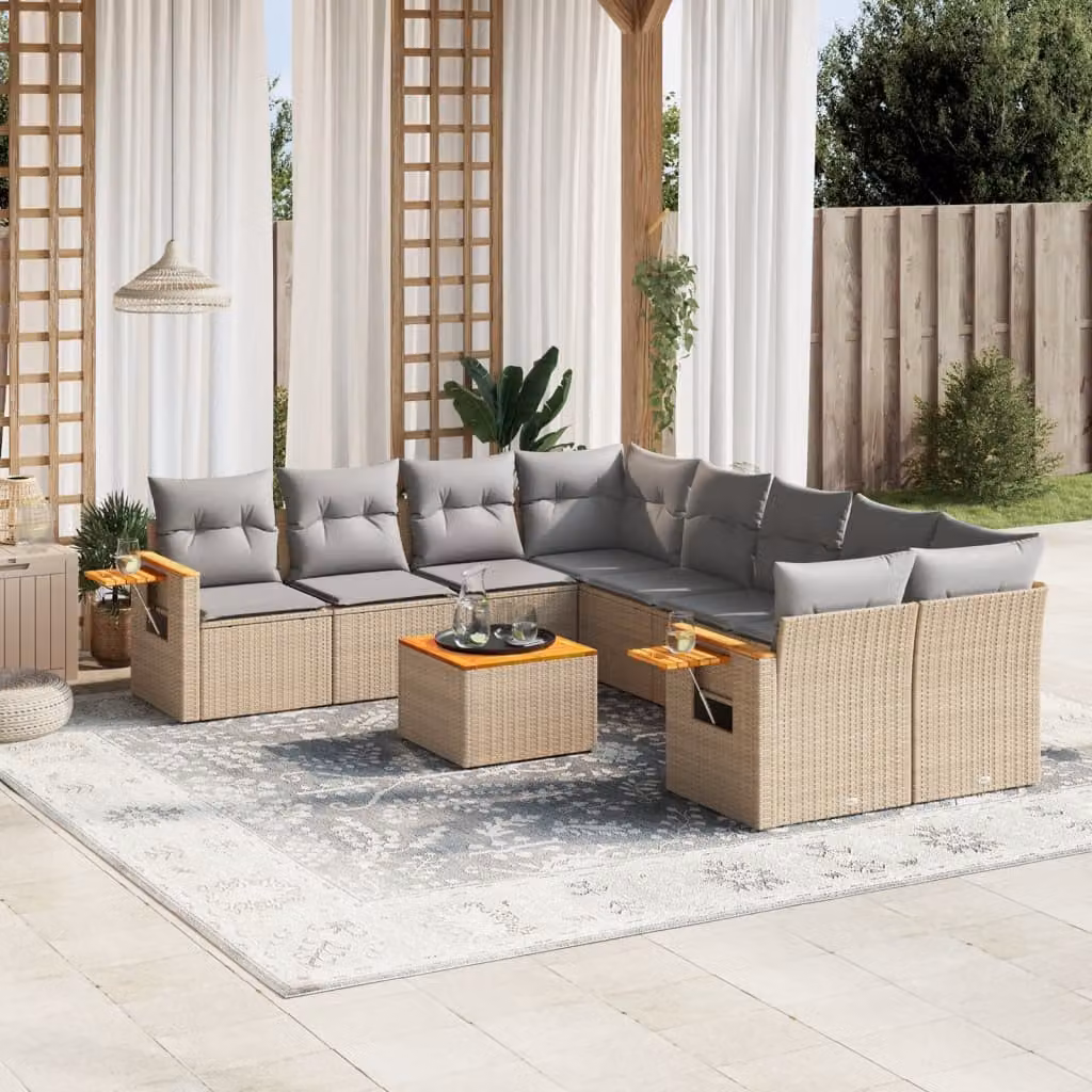 vidaXL Set Divano da Giardino a L 9 pz in Polyrattan con Cuscini Beige e Tavolino, Design Moderno con Struttura in Legno di Acacia e Tessuto Resistente ai Raggi UV – 1