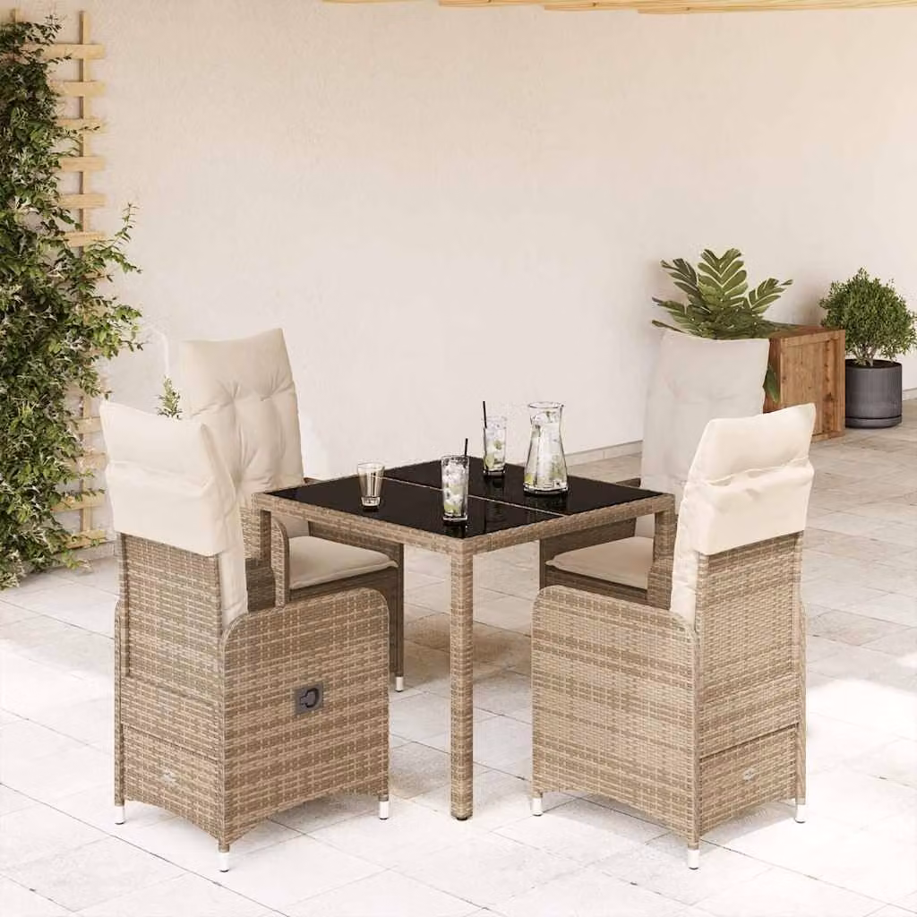 vidaXL Set da Bistrò da Giardino 5 pz in Polyrattan con Cuscini Beige e Piano in Vetro – 1