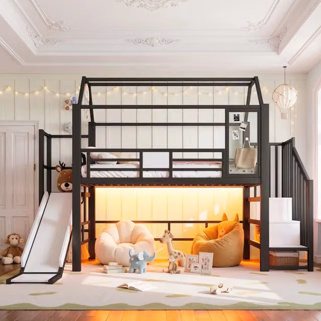 Desviae Letto a soppalco per bambini 90 × 200 cm con scivolo scala LED Bluetooth in metallo nero e ripiani integrati