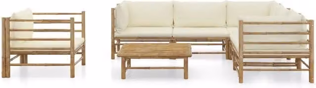 Set di Divani da Giardino vidaXL in Bambu 7 Pezzi con Cuscini Bianco e Beige