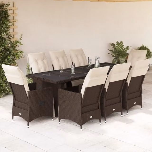 Set Bistrò da Giardino vidaXL 9 pz in Polyrattan Marrone e Bianco con Tavolo in Vetro – 1